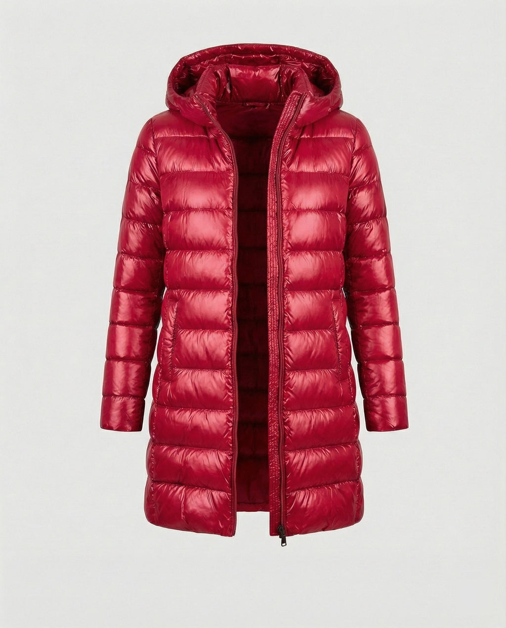 Red hooded jacket with horizontal quilting and a zip front.