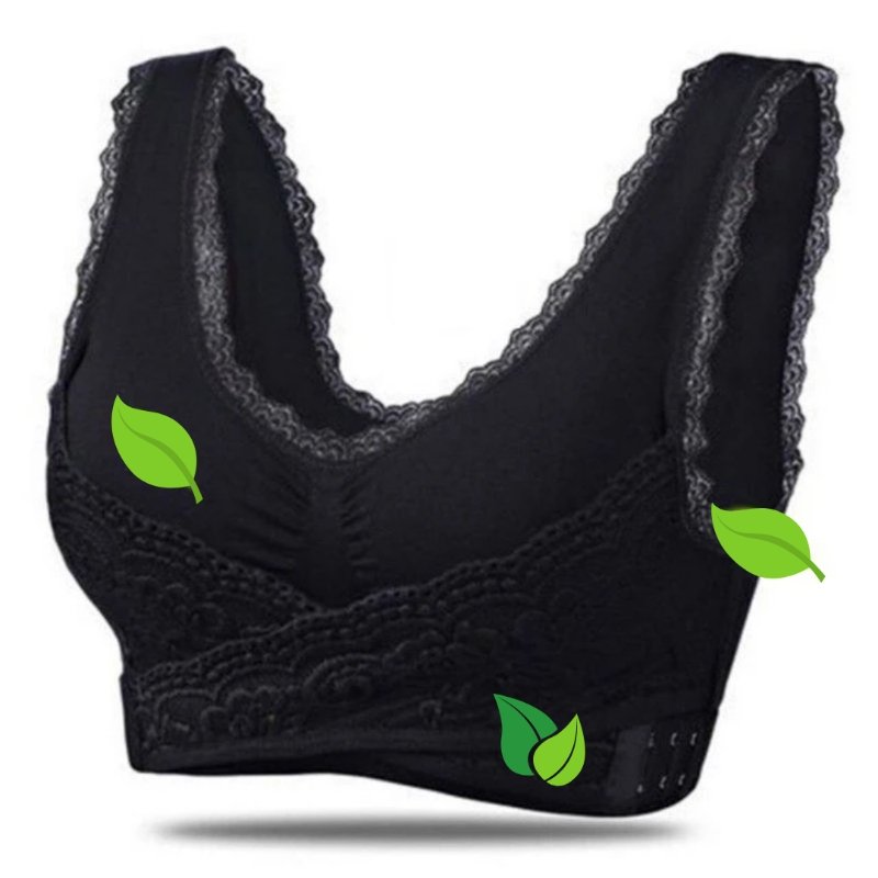 Black bra with lace bands and side hook fastenings.