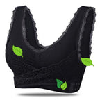 Black bra with lace bands and side hook fastenings.