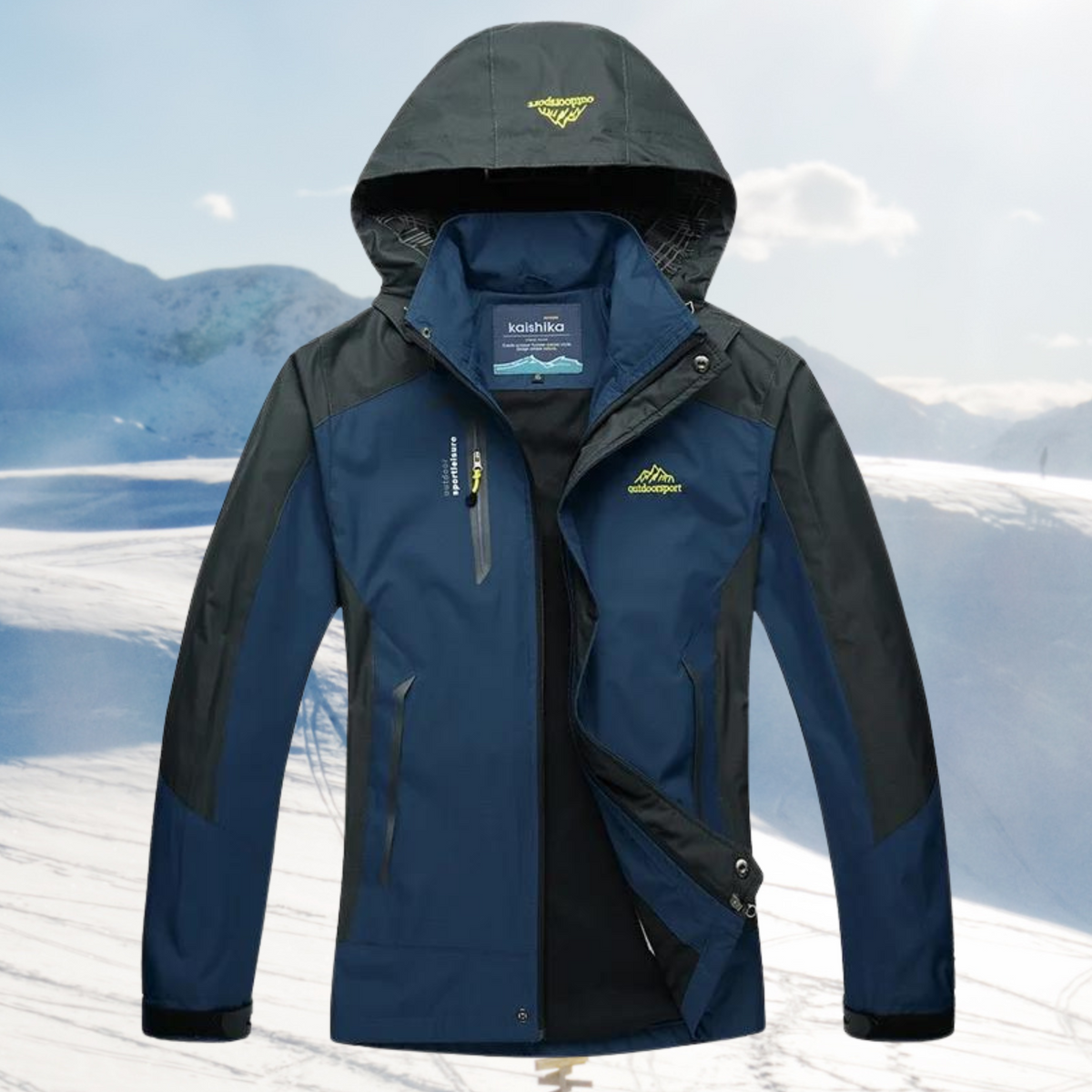 Blue jacket with dark shoulder and sleeve panels.