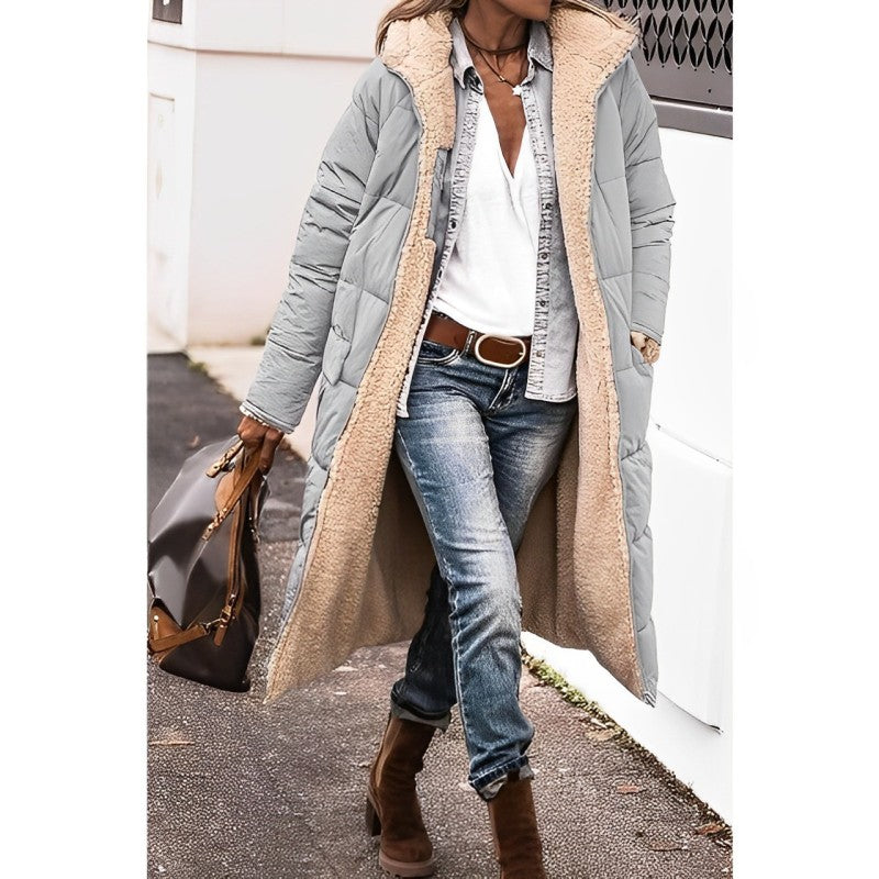 Grey long coat with a cream teddy lining.