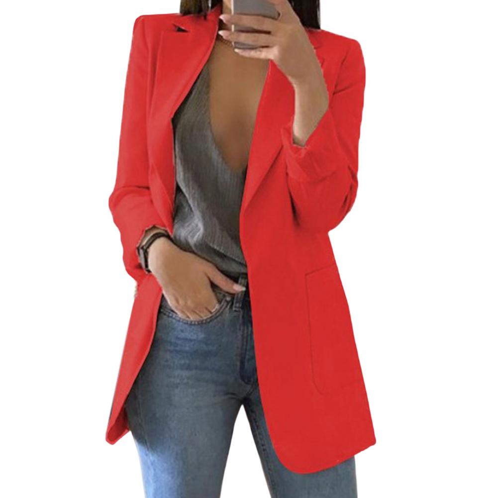 Red long open-front blazer with notched lapels.