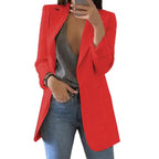 Red long open-front blazer with notched lapels.