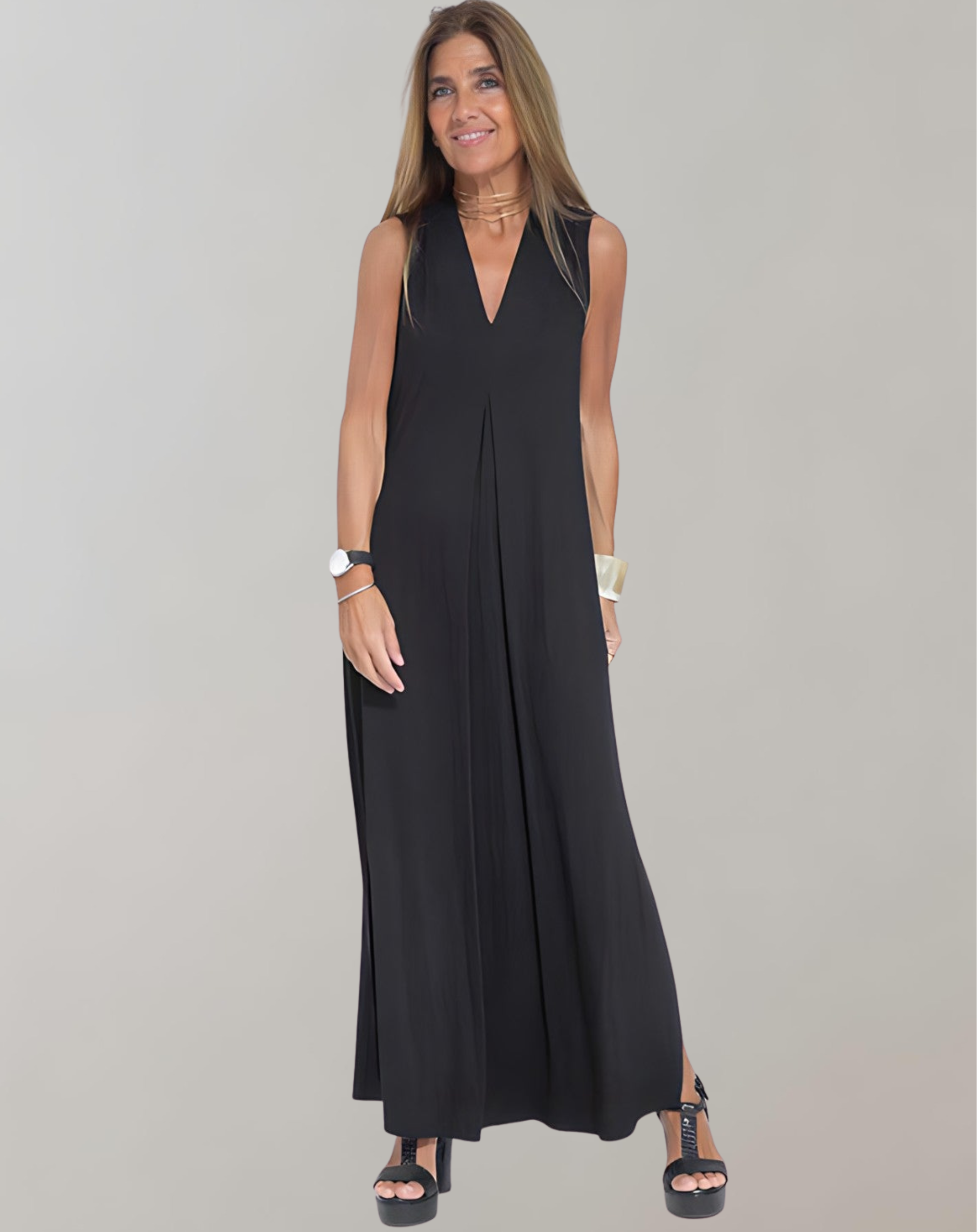 Black sleeveless maxi dress with a deep V neckline and central front pleat.