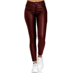 Burgundy skinny jeggings showing the front fastening and pockets.