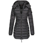 Black longline hooded jacket with horizontal quilting and a zip front.