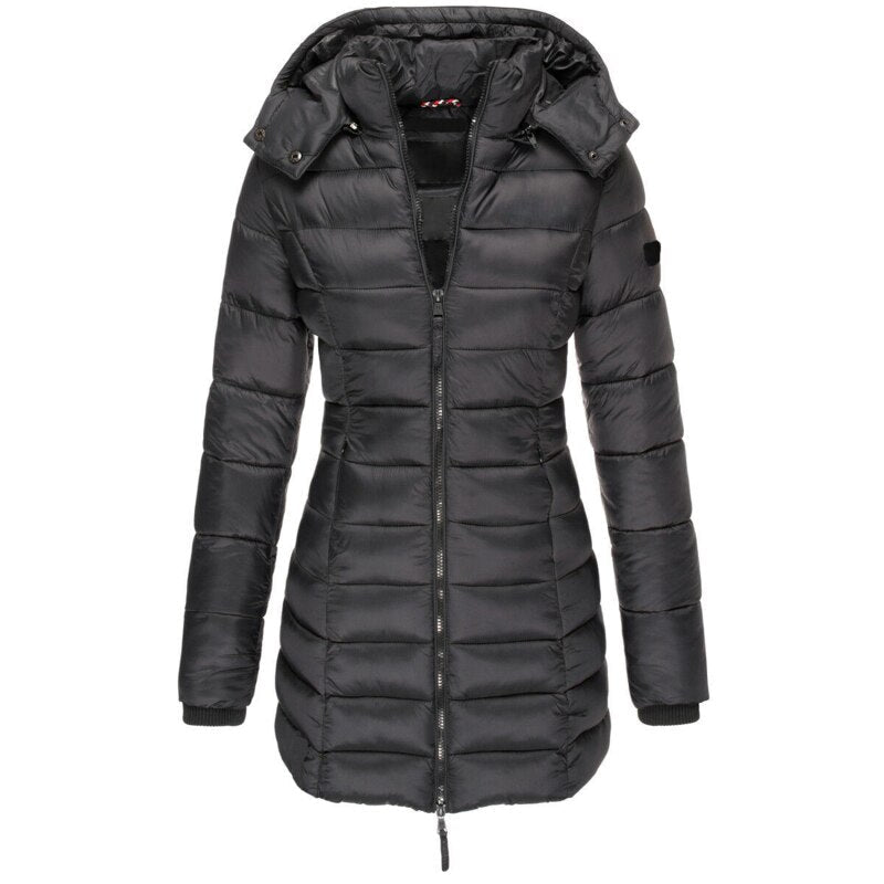 Black longline hooded jacket with horizontal quilting and a zip front.