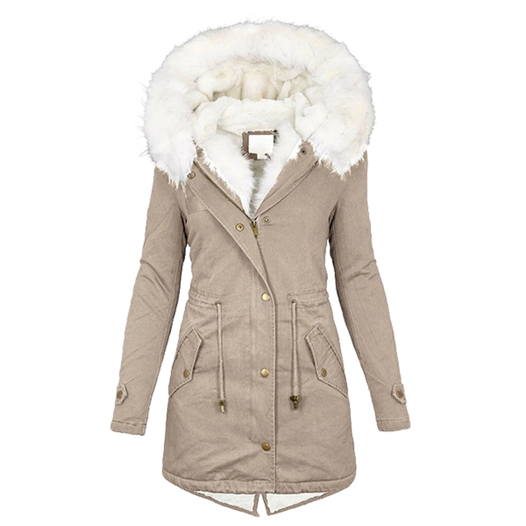 Khaki hooded jacket with a button front and light-coloured hood edge.