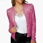 Pink sequin blazer with long sleeves and a collarless neckline.