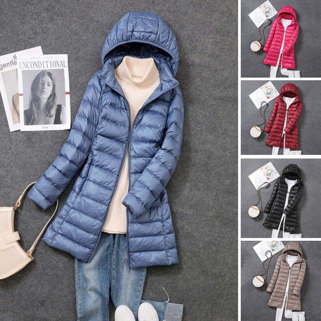 Blue-grey hooded puffer coat beside smaller views of other colours.