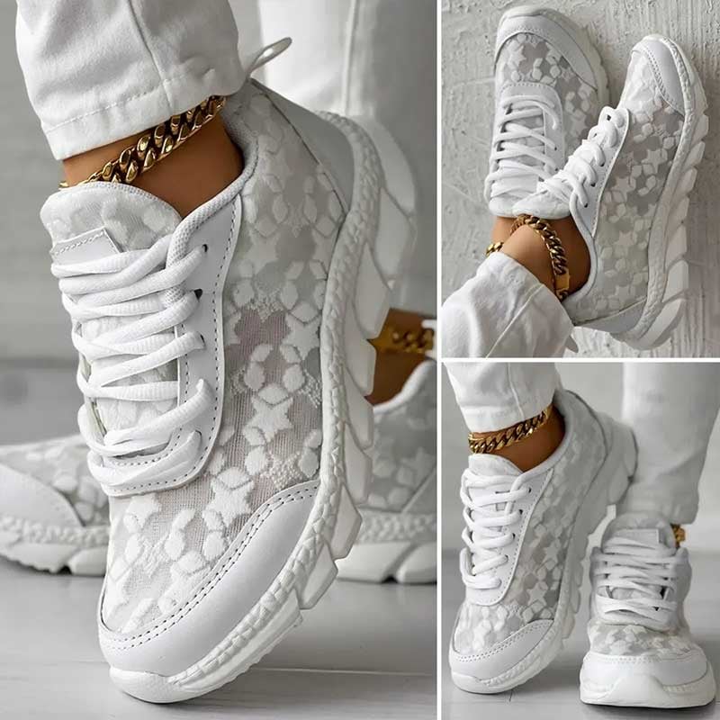 Collage of white floral mesh-effect trainers with laces and raised soles.