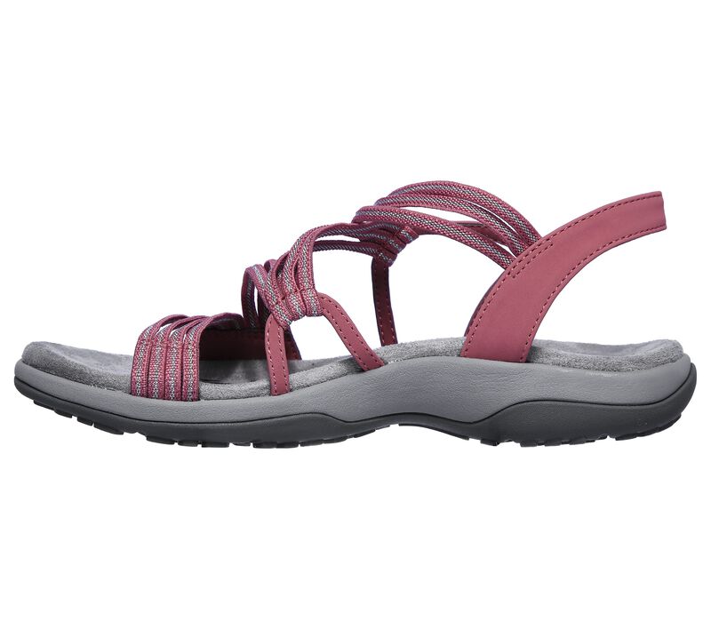 Pink sandal with striped straps, a back strap and a grey sole.