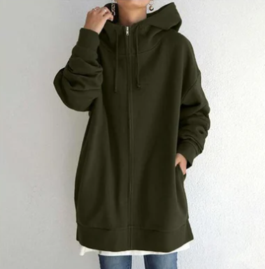Army-green hoodie with dropped shoulders and broad cuffs.