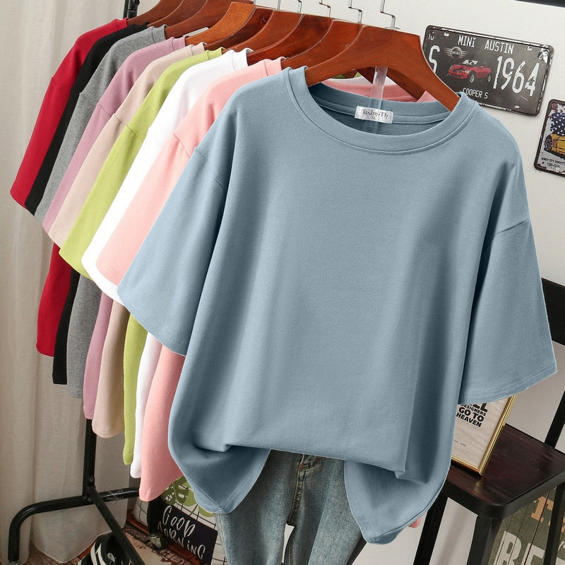 Muted blue T-shirt with a round neck and short sleeves.
