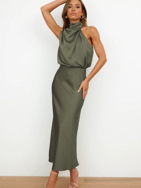 Army green sleeveless dress with a draped neckline.