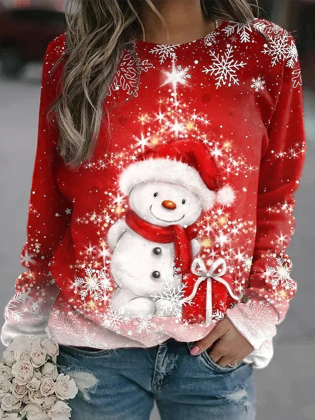 Red and white Christmas jumper showing a snowman in a Santa hat.