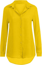 Front view of yellow button-front blouse.