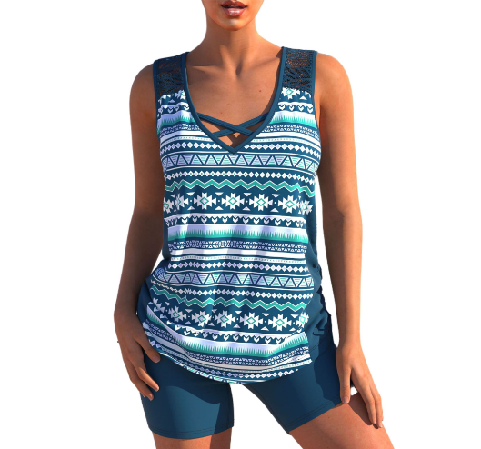 Blue geometric-print tankini paired with plain blue swim shorts.