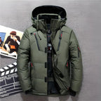 Green padded jacket with a high collar and hood.