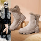 Apricot side-zip ankle boots shown beside a winter outfit.