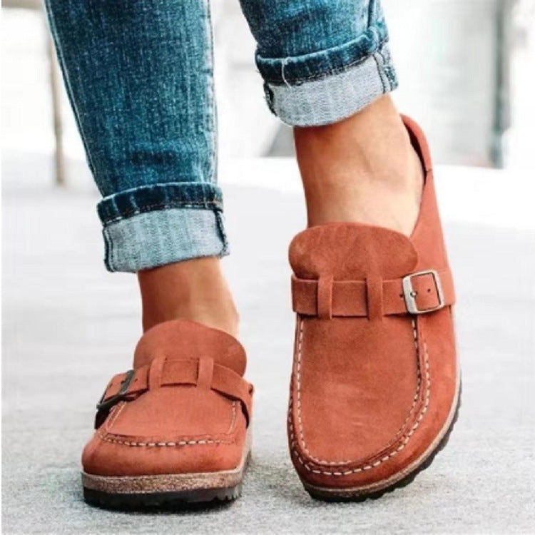 Rust-coloured clogs showing stitched fronts and adjustable straps.