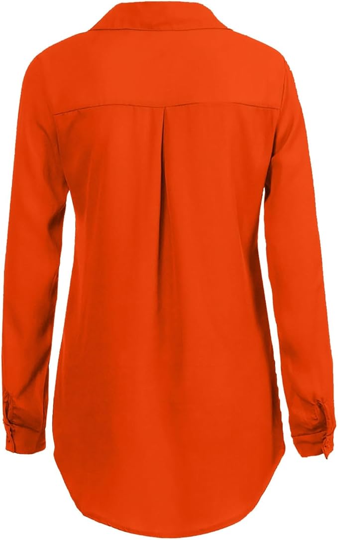 Rear view of red-orange blouse with a curved hem.
