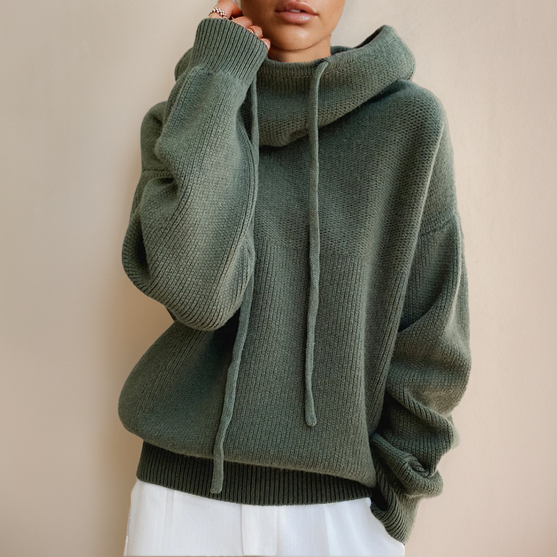 Green Edeltraud jumper with a deep folded neck and drawstrings.