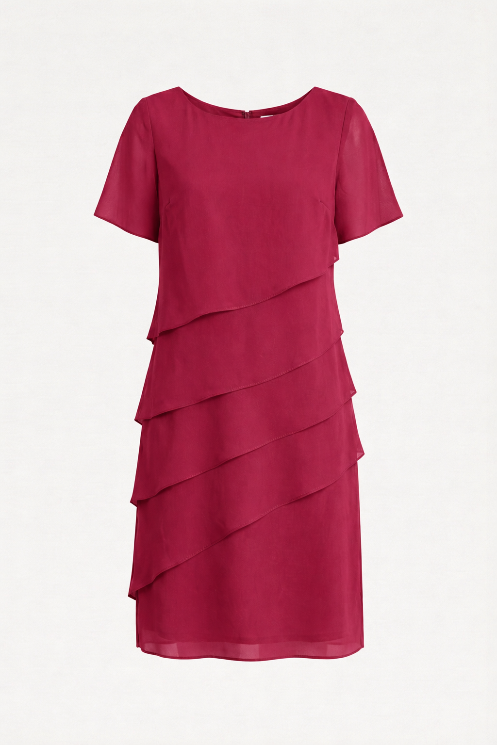 Red dress with a round neck, short sleeves and diagonal layers on a pale background.
