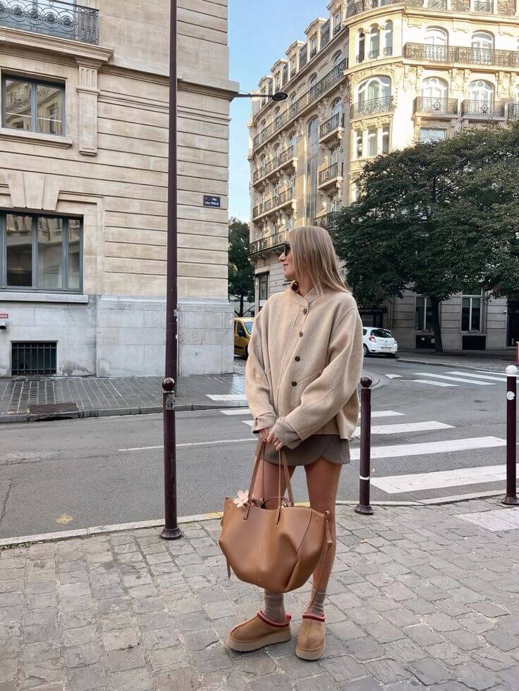 Woman at a street crossing holding a brown tote by its short handles.