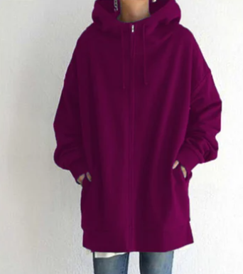 Rose-red hoodie with a long body and front zip.