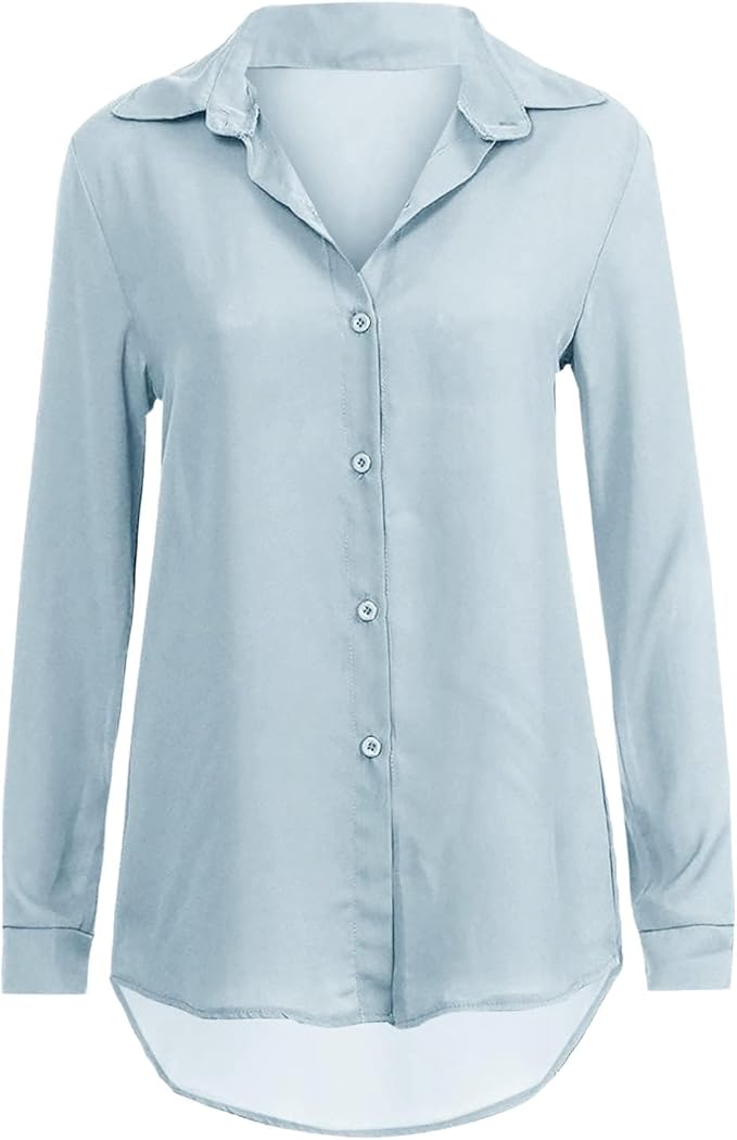 Front view of light blue blouse with small buttons.