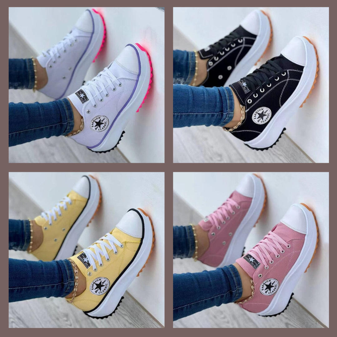 Collage of white, black, yellow and pink lace-up trainers with white toe caps.