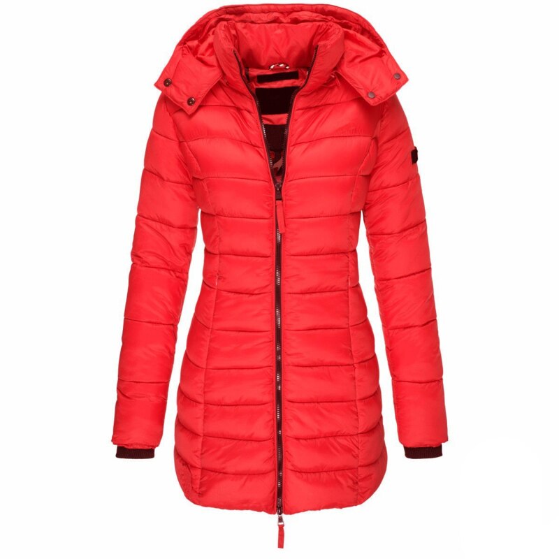 Red longline hooded jacket with horizontal quilting and a zip front.