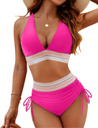Pink bikini shown from the front with striped waist trim.