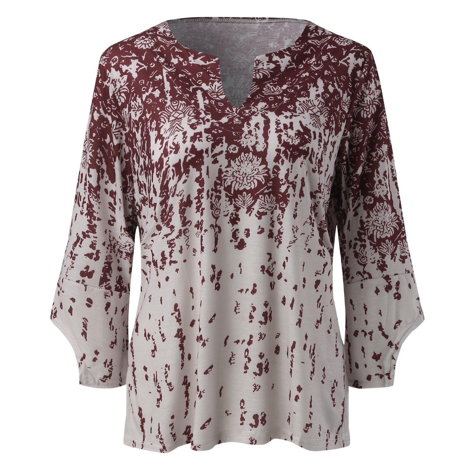Front view of a red floral split-neck blouse with flared sleeves.