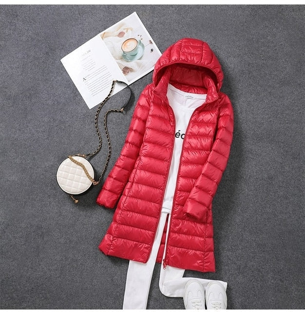Red hooded puffer coat with side pockets.