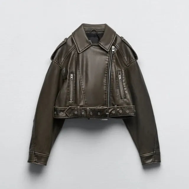 Green biker jacket fastened at the front, with vertical zip pockets.