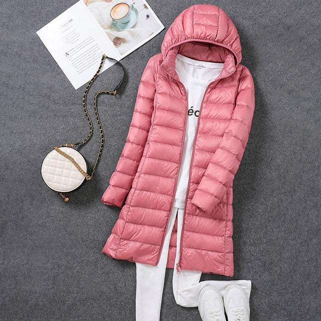 Pink hooded puffer coat with a front zip.