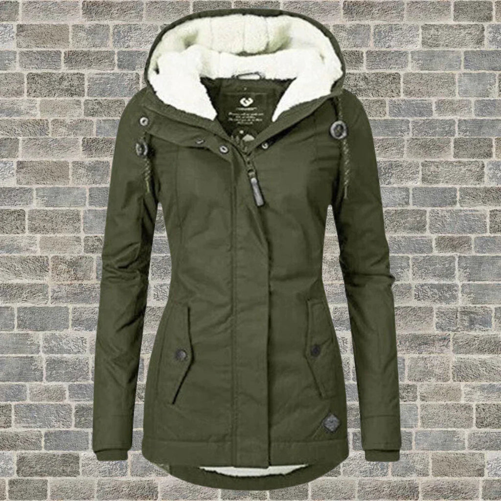 Army-green coat with a pale hood lining and shaped waist.
