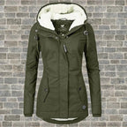 Army-green coat with a pale hood lining and shaped waist.