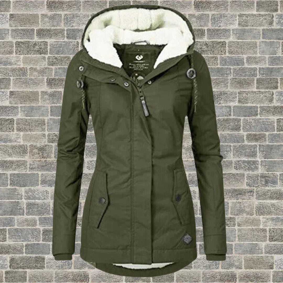 Army-green coat with a pale hood lining and shaped waist.