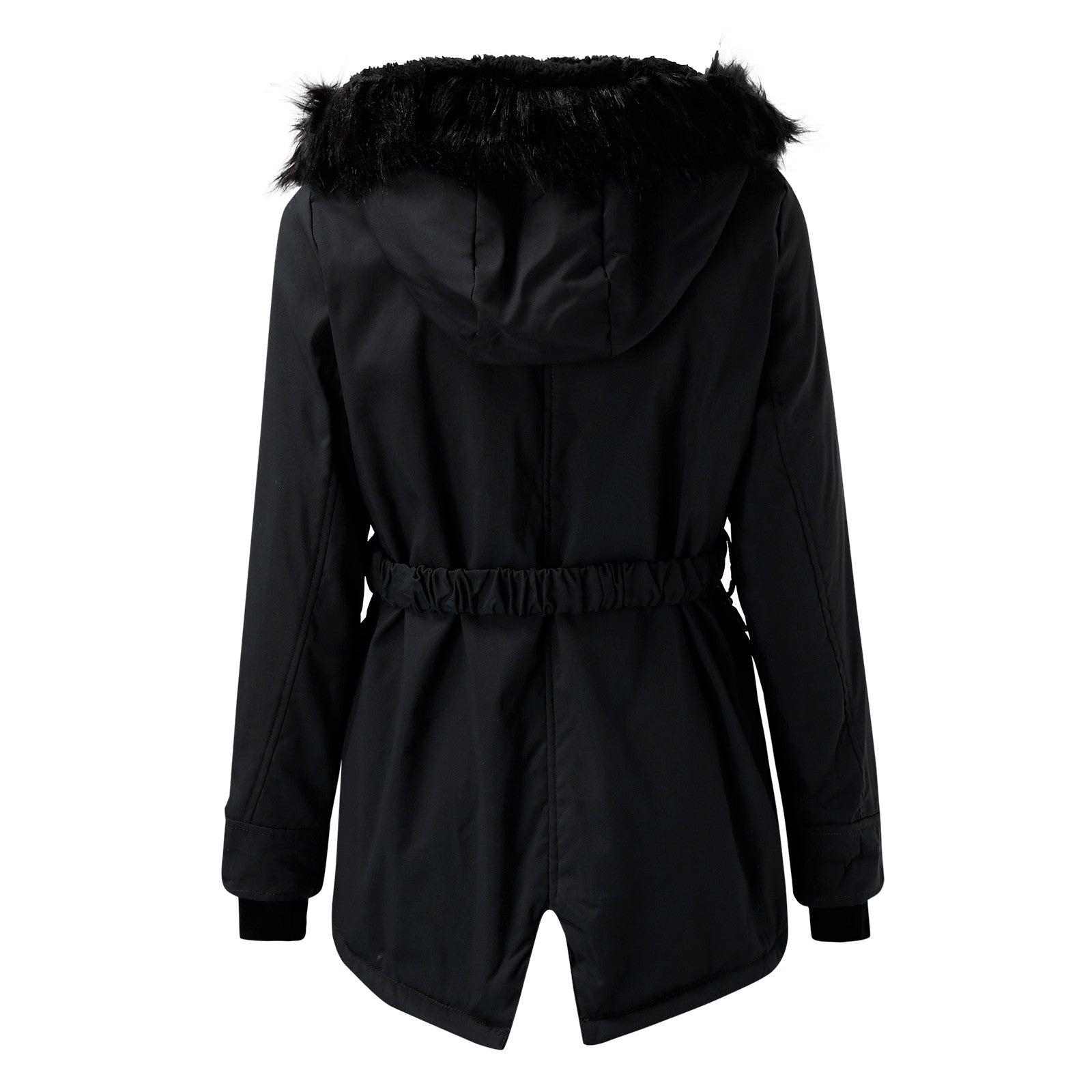 Back of a black parka showing the hood, gathered waist and split rear hem.