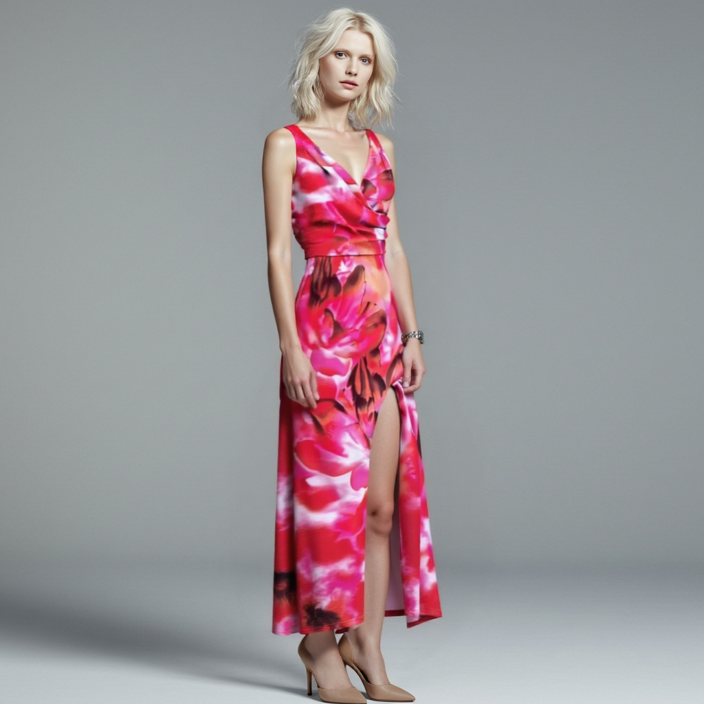 Pink tropical-print maxi dress with a draped neckline and side slit.