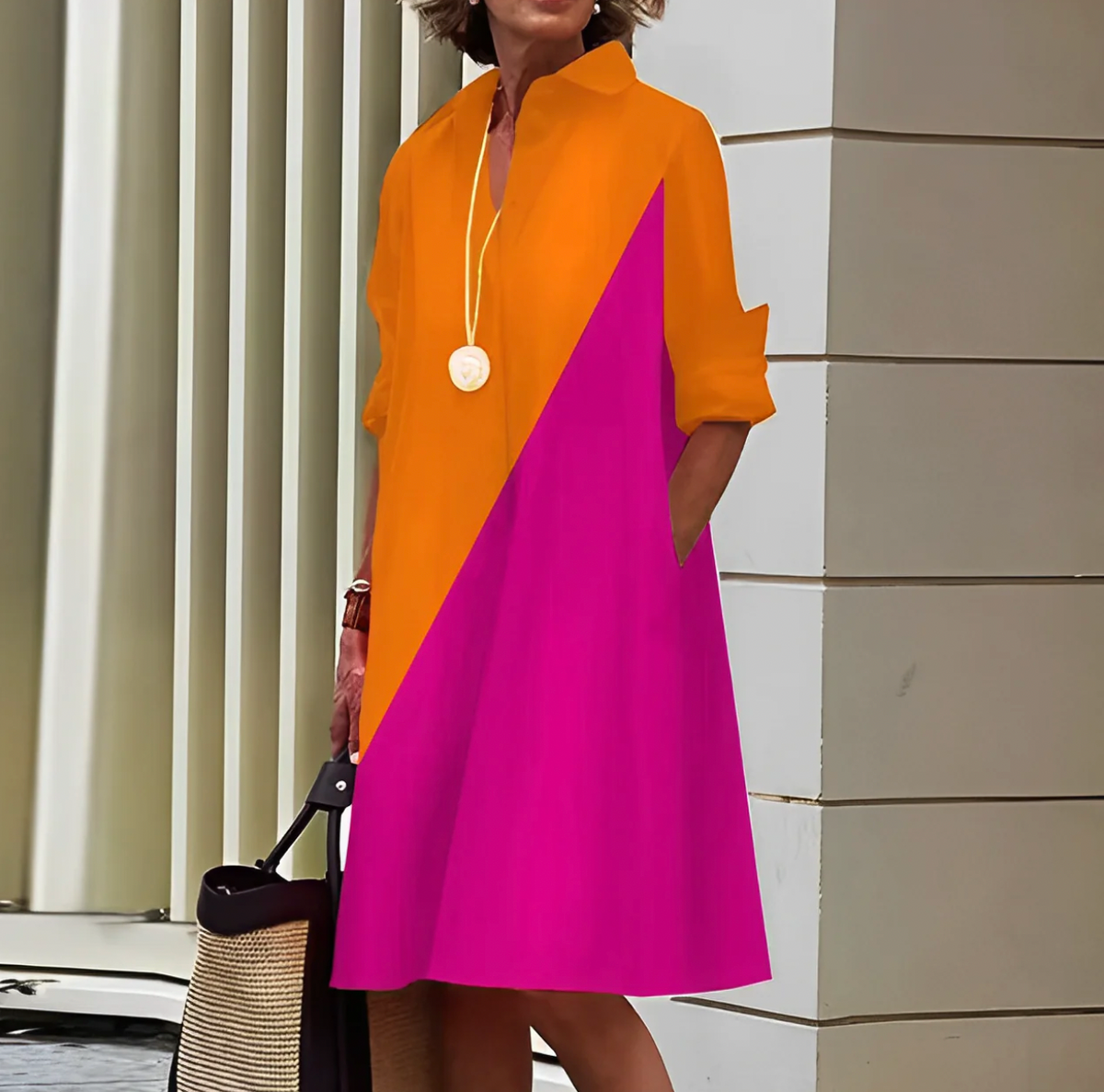 Dress with orange and bright pink diagonal colour panels.