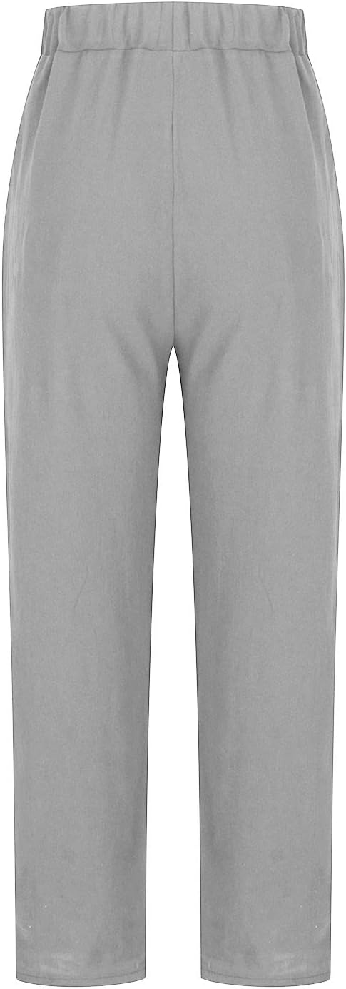 Front view of grey trousers with a gathered waist.