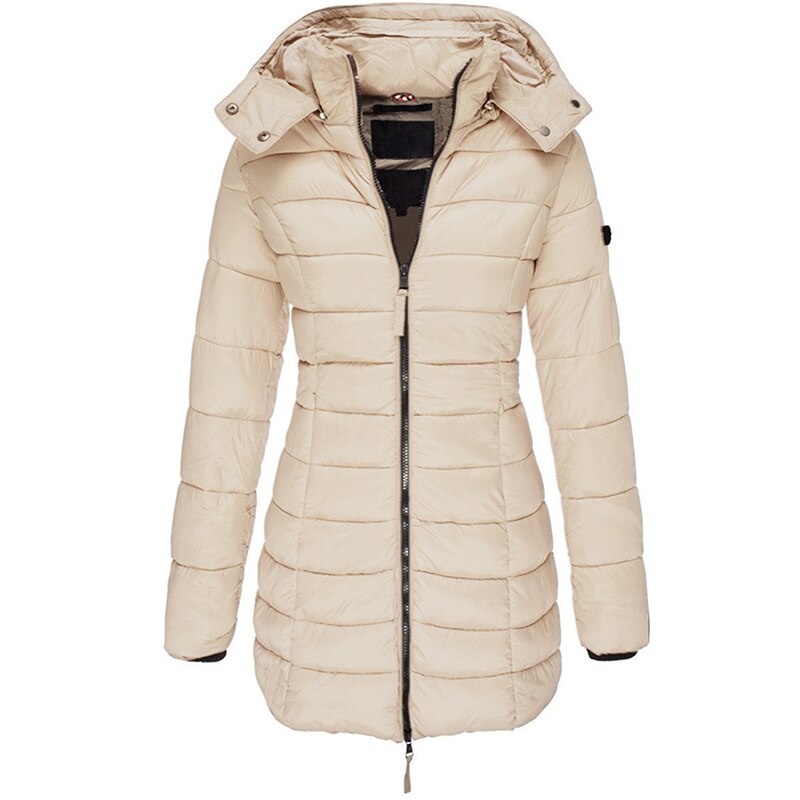 Khaki longline hooded jacket with horizontal quilting and a zip front.