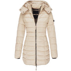 Khaki longline hooded jacket with horizontal quilting and a zip front.