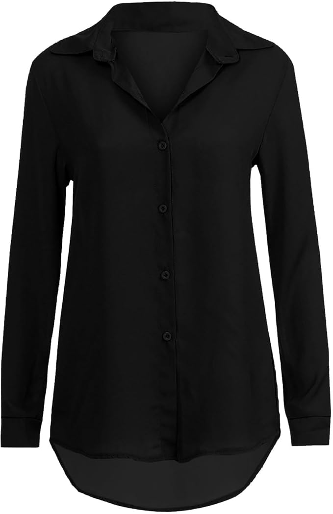 Front view of black button-front blouse.