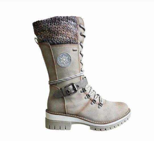 White tall boot with grey knit cuff and side emblem.