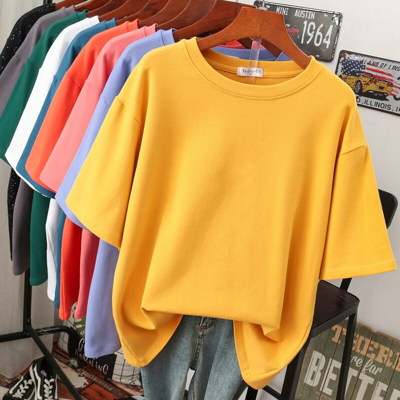 Yellow short-sleeve T-shirt with a round ribbed neckline.